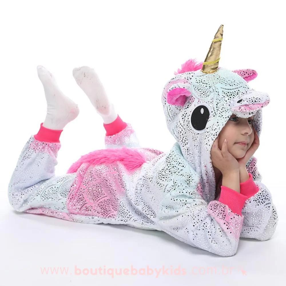 Pijama Macacão Infantil Fantasia Kigurumi Unicórnio Multicor Glitter Rosa - Boutique Baby Kids