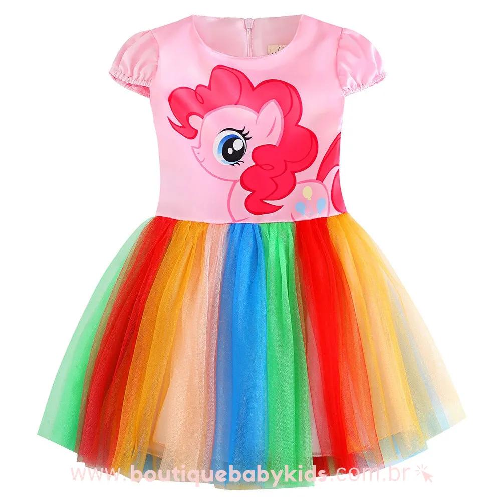 Vestido Infantil My Little Pony Pinkie Pie Rosa Tule Colorido - Boutique Baby Kids 