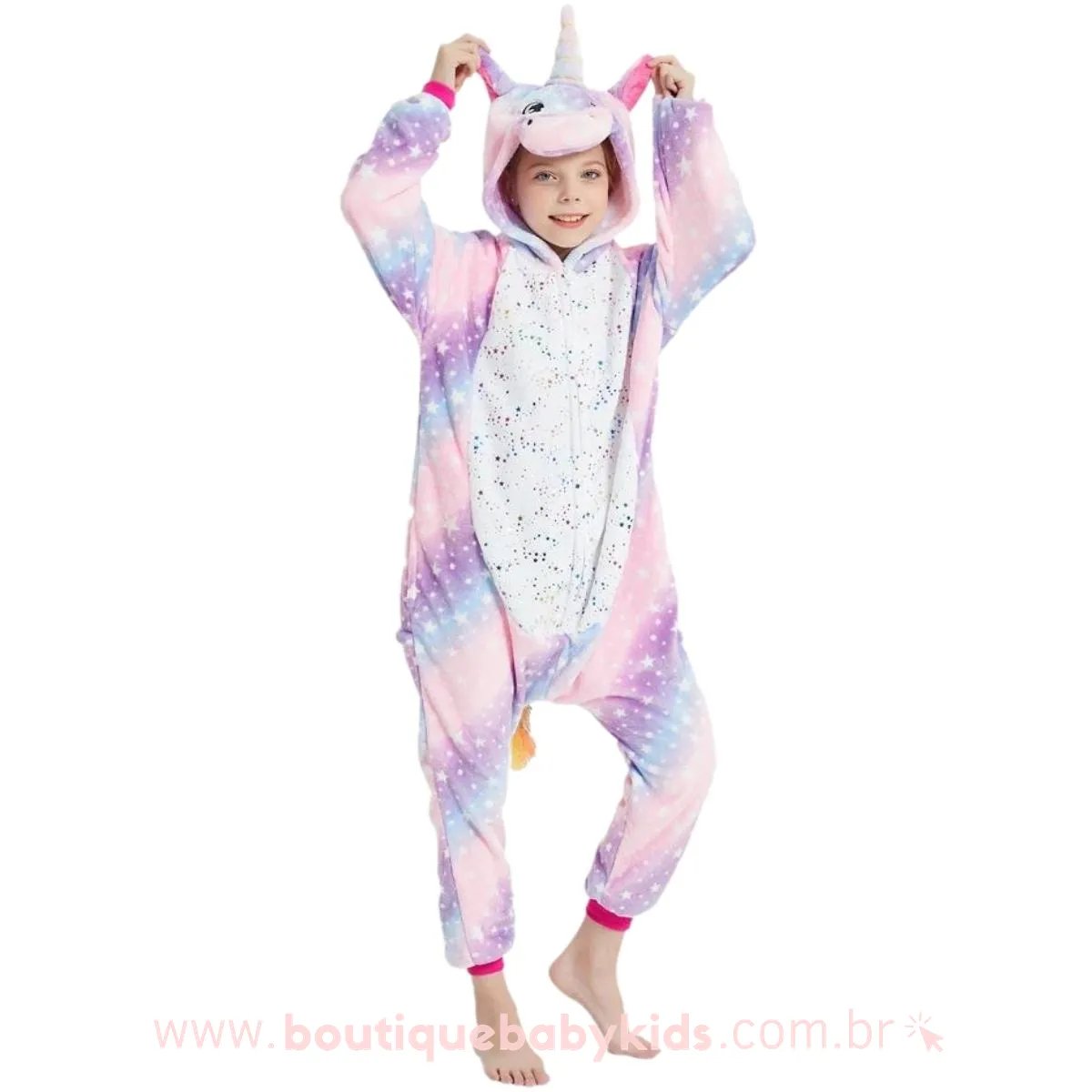 Pijama Macacão Infantil Fantasia Unicórnio Estrelado Multicor Rosa e Lilás - 8 a 12 Anos - Boutique Baby Kids