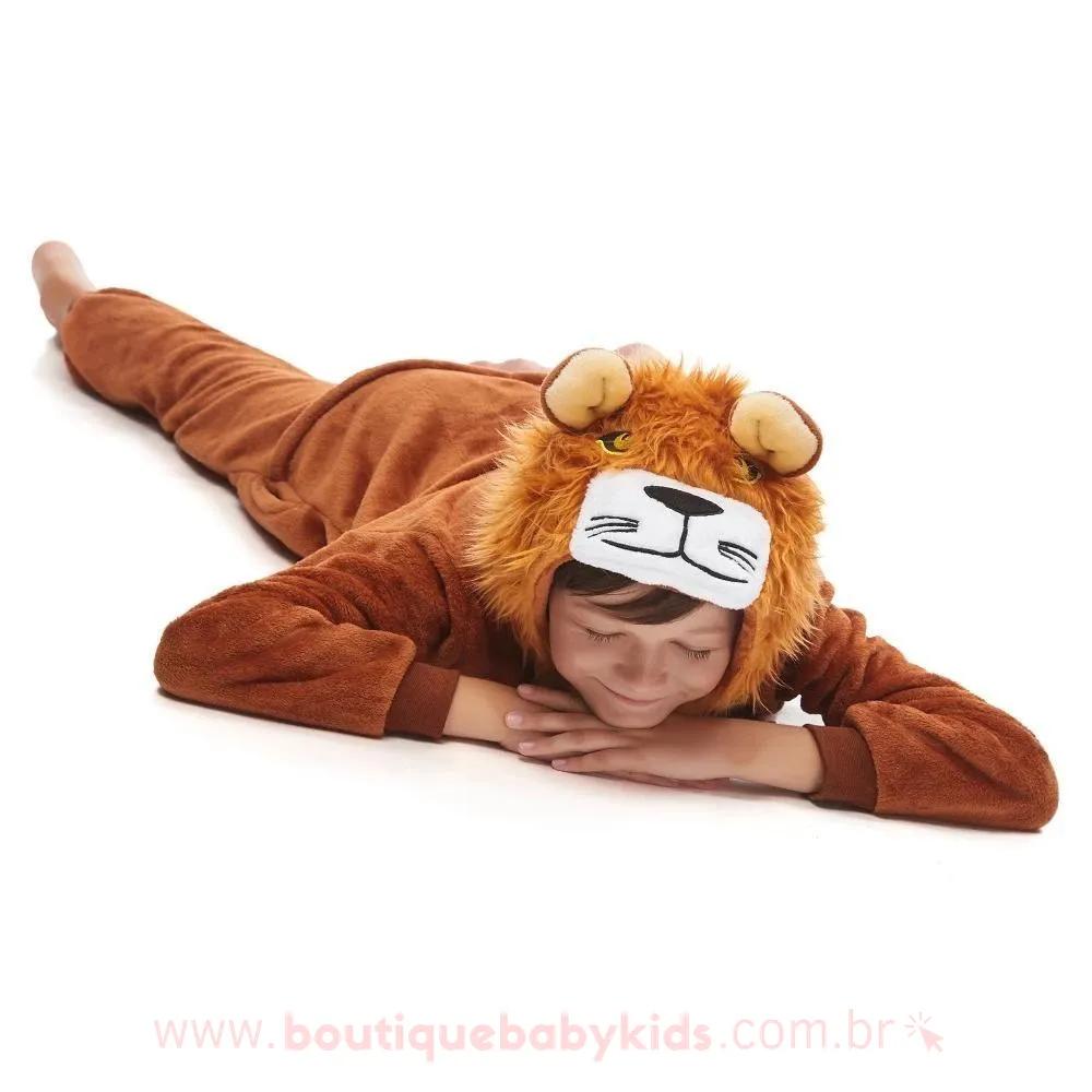Pijama Macacão Infantil Kigurumi Fantasia Leão Marrom com Capuz - Boutique Baby Kids