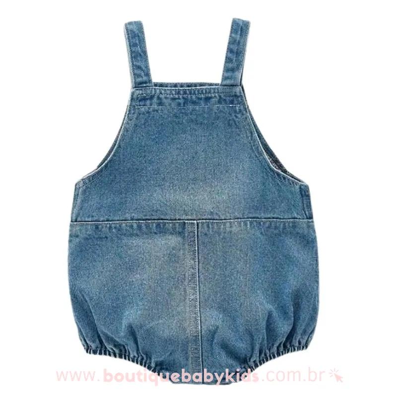 Body Bebê Jardineira Jeans Bolso Frontal