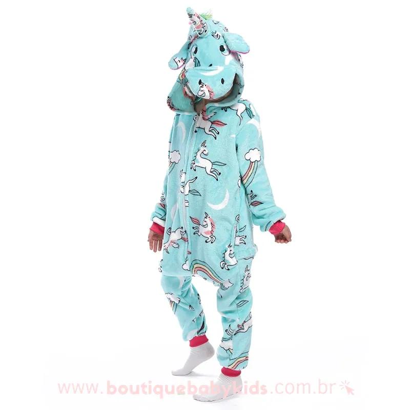 Pijama Infantil Fantasia Unicórnio Estampado Azul - Frete Grátis