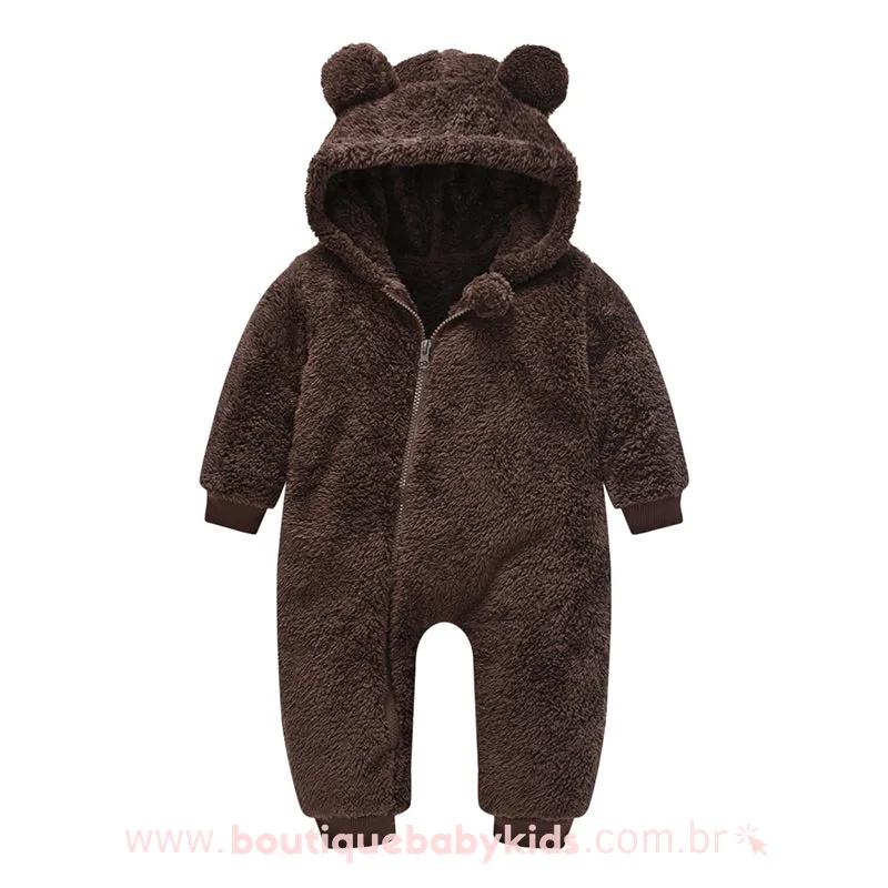 Macacão Bebê Ursinho Pelúcia com Capuz Marrom - Boutique Baby Kids