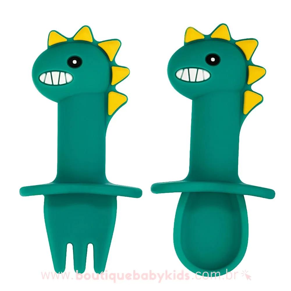 Kit Talheres em Silicone Dinossauro Verde - Boutique Baby Kids