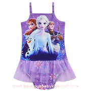 Maiô Infantil Disney Princesas Frozen com Tule Roxo - Boutique Baby Kids