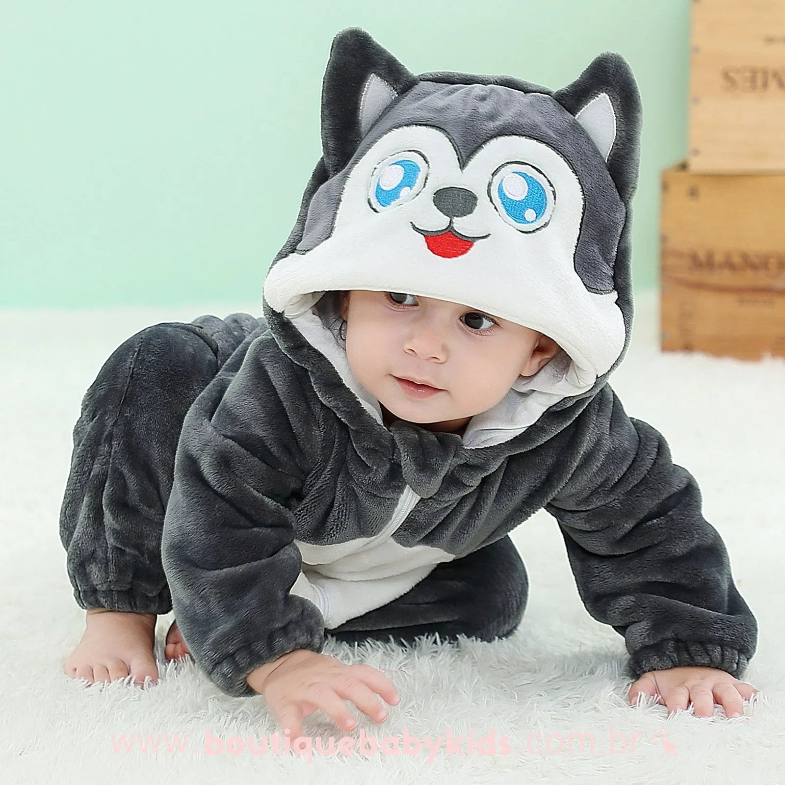 Macacão Bebê Inverno Fantasia Lobinho Cinza - Frete Grátis - Boutique Baby Kids