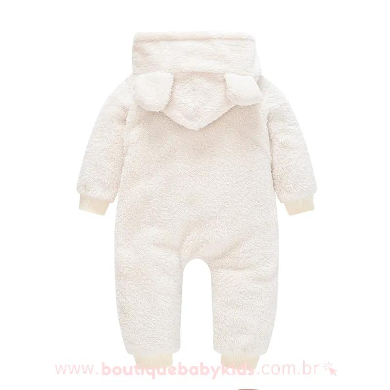 Macacão Bebê Ursinho Pelúcia com Capuz Branco - Boutique Baby Kids