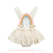 Body Bebê Fantasia Arco-Íris com Saia Tule Bege Mesversário - Frete Grátis - Boutique Baby Kids