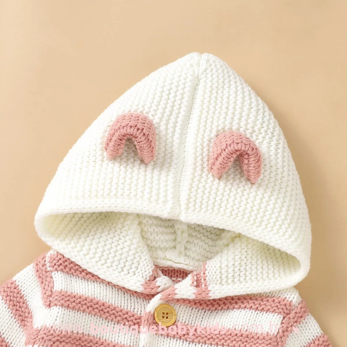 Macacão Bebê Inverno Tricot Listrado Ursinho Rosa - Boutique Baby Kids