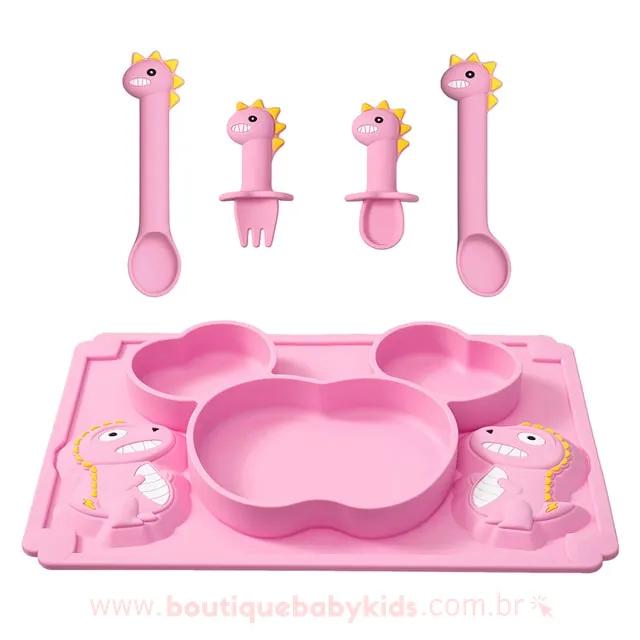 Kit Alimentação em Silicone Dinossauro Rosa 5 Peças - Frete Grátis - Boutique Baby Kids 