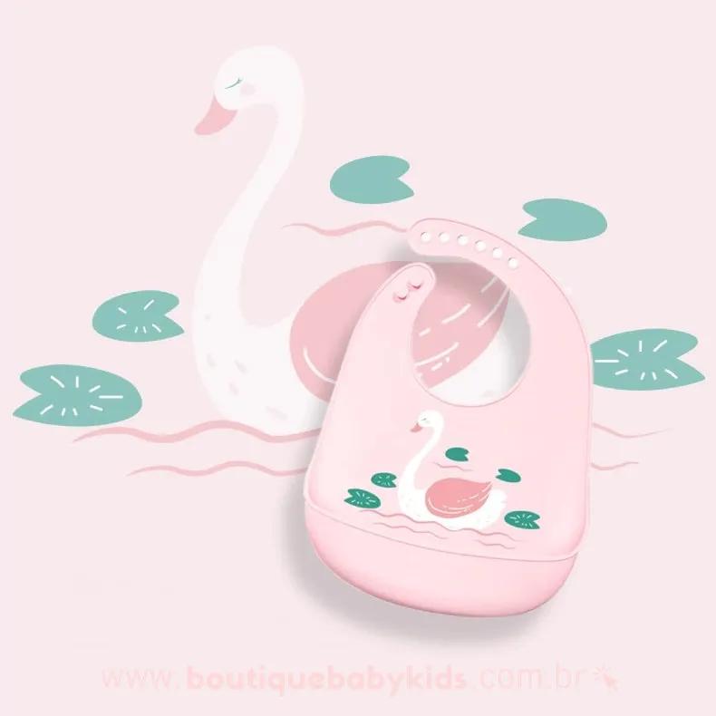 Babador de Silicone Cisne Rosa com Cata Migalhas - Boutique Baby Kids