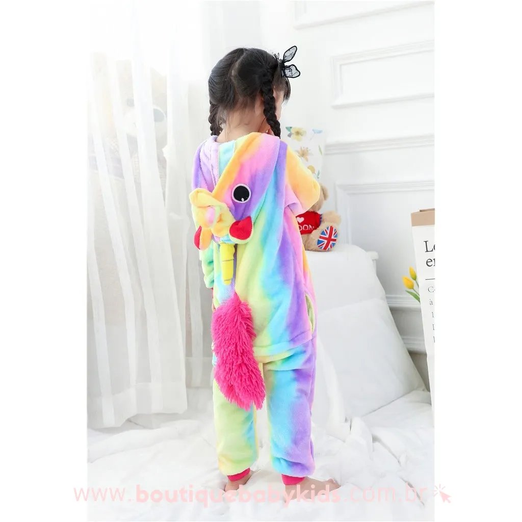 Macacao Pijama Kigurumi Infantil Unicornio Colorido Arco iris